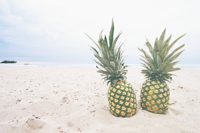 沙滩上的两个菠萝水果